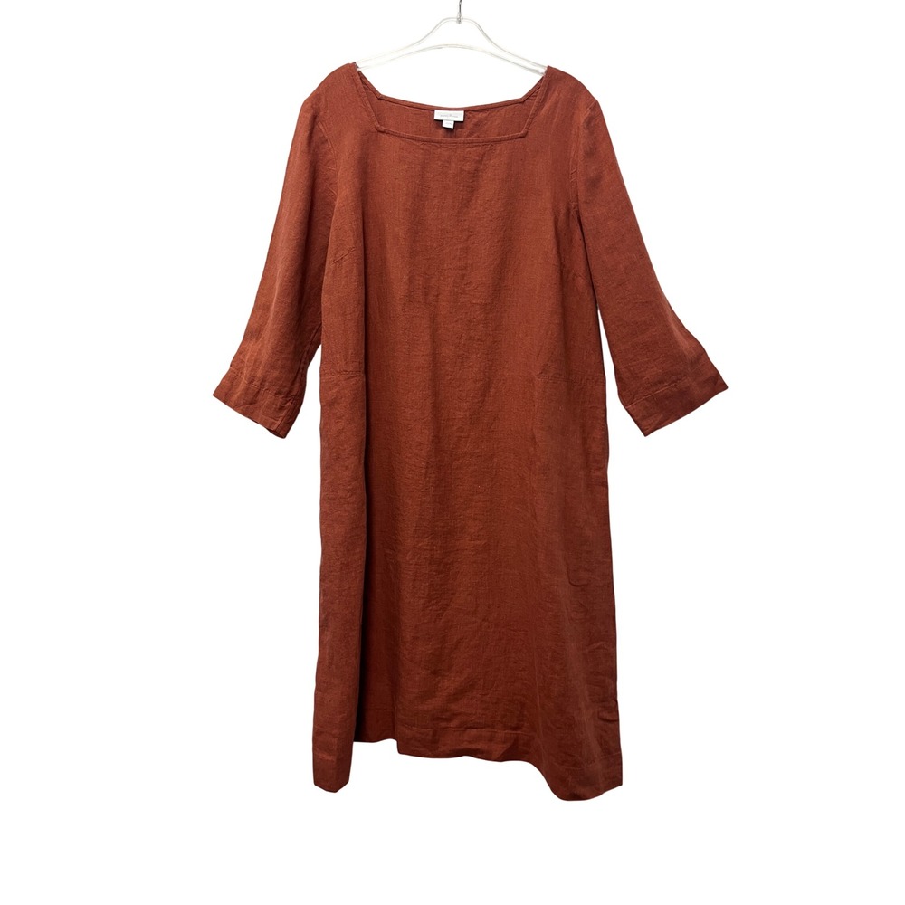 J Jill Rust Linen Square Neck Shift Midi Dress Women L Lagenlook Minimalist Boho